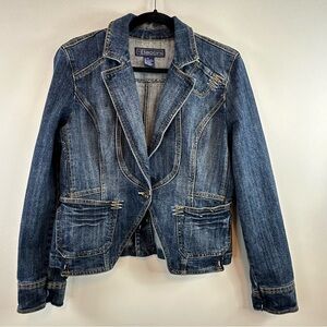 Vintage Baccini Blue Jean Jacket with Notched Lapel and Contrast Stitching